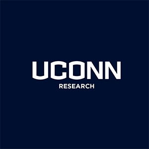 White UConn Research Logo on Navy Blue Background