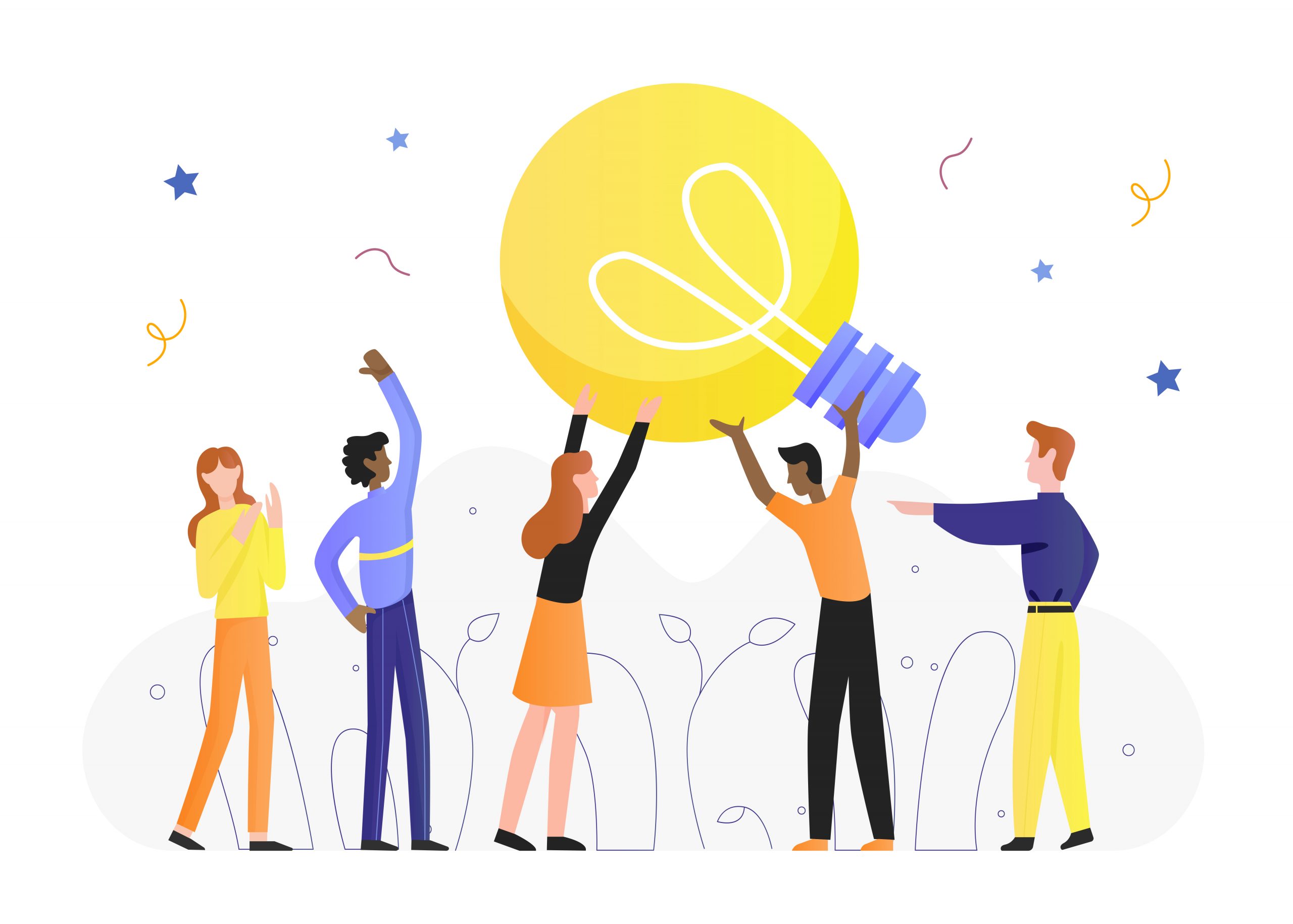 Lightbulb idea concept vector illustration. Cartoon flat tiny man woman characters hold lamp light bulb