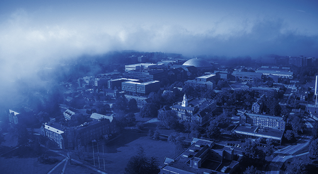 Drone image of UConn campus in the fog